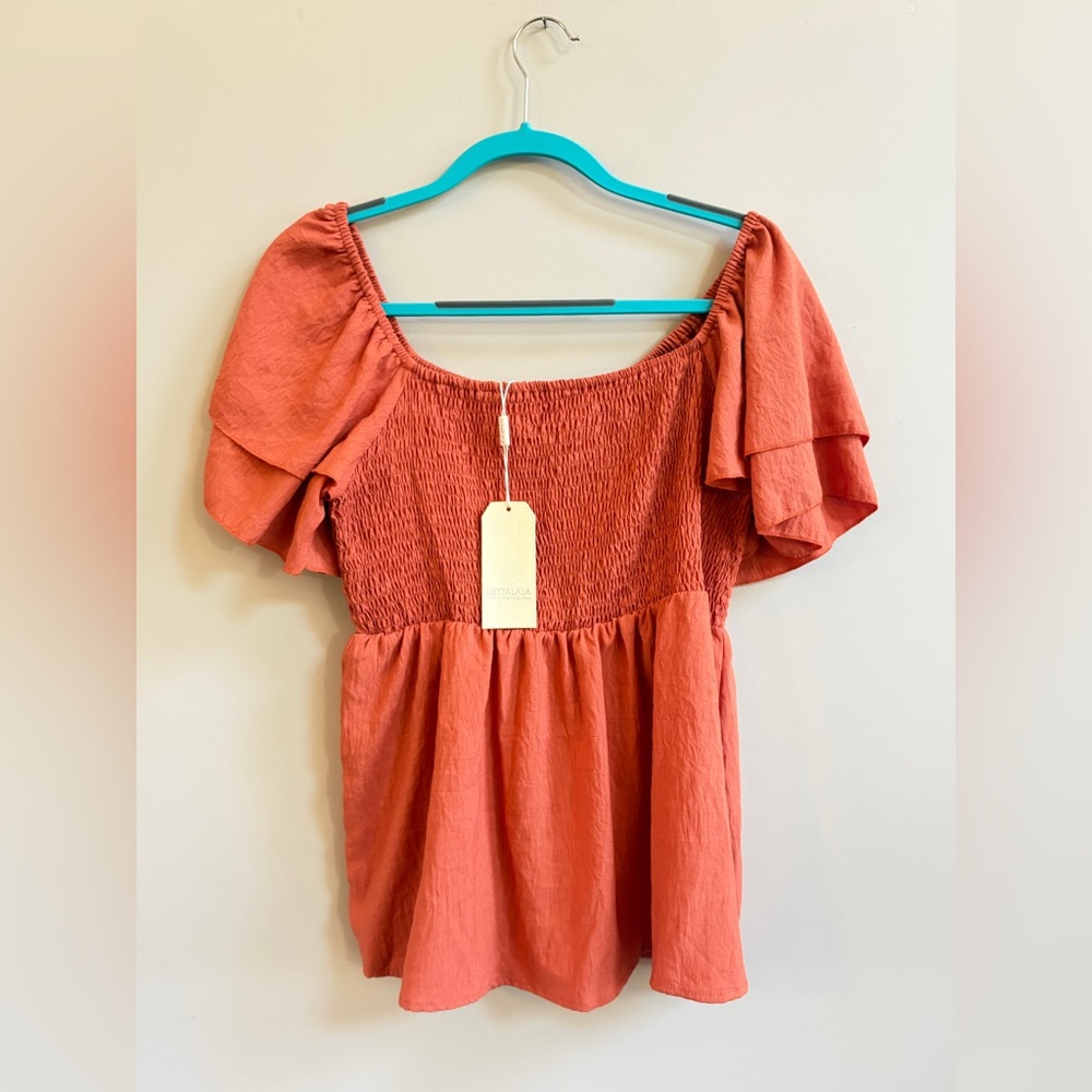 NWT Heytalala Rust Off the Shoulder Tiered Ruffle Short Sleeve Shirt Boho Blouse